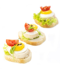canape with meat seafood and vegetables on a white background
