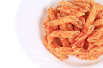 Pasta penne rigate with tomato sauce.