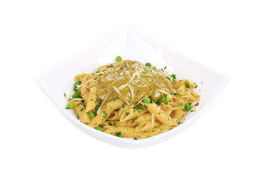 Pasta with pesto sauce and parmesan.