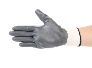 Hand in black rubber glove.
