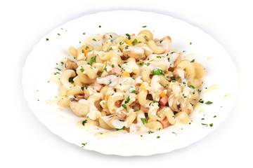 Pasta with mushrooms and white sauce.