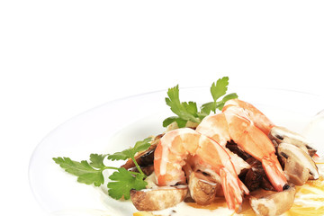 Shrimp salad with mushrooms and white sauce.