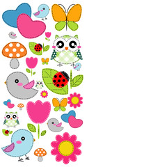 Background with heart, flower, mushrooms, butterfly and birds