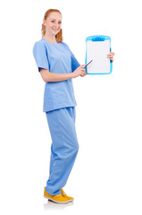 Pretty doctor  in blue uniform showing  notes  isolated on white