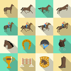Horseback riding flat shadows icons set