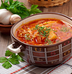 Ukrainian and russian national red soup borsch closeup