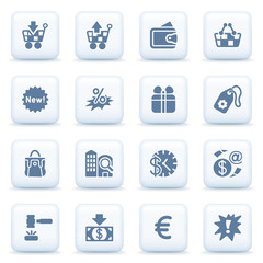 Commerce blue icons on white buttons.
