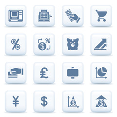 Finance blue icons on white buttons.