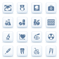 Medicine blue icons on white buttons.