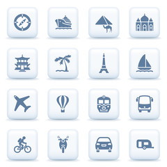 Travel blue icons on white buttons.