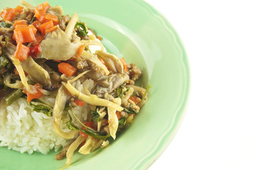 Oyster mushroom fried on rice vegetarian isolated