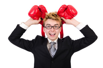 Young businessman boxer isolated on white