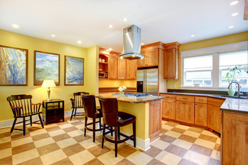 KItchen interior. Yellow walls and pleated floor