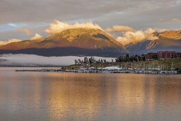 sunrise over Lake Dillon and marina