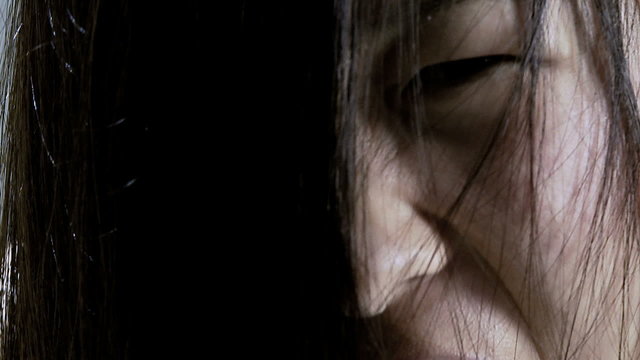 Horror extreme closeup face of asian woman