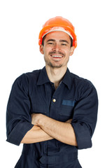 Funny worker in helmet with emotion on her face