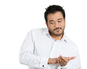 Sneaky, sly business man plotting revenge, white background 