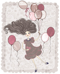 Retro card. Girl with balloons.