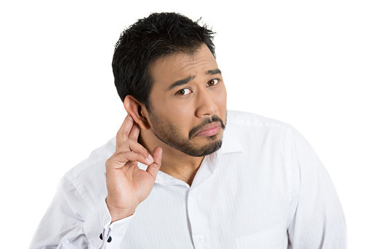 Speak up, can't hear. Man having hearing difficulties 