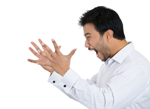 Side view portrait Yelling, man hands in air on white background