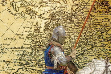Fototapeta premium Armored knight on warhorse - retro postcard