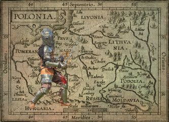 Armored knight with sword and shield - retro postcard