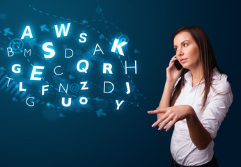 Young lady making phone call with shiny characters