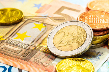 Macro of Euro coins and banknotes