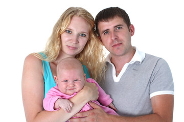 happy family with adorable little baby 3 month old isolated on w