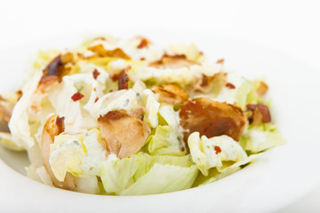 Chicken salad in the white bowl