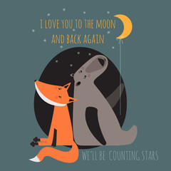 Romantic greeting card with bear and fox. Card about friendship. - 63988405