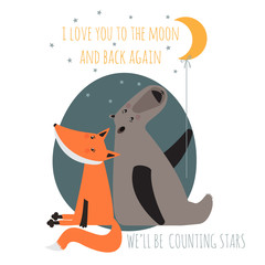Romantic greeting card with bear and fox. Card about friendship.