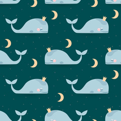 Seamless pattern with sleeping whales, moon & stars. Good night