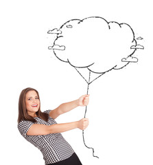 Young lady holding cloud balloon drawing