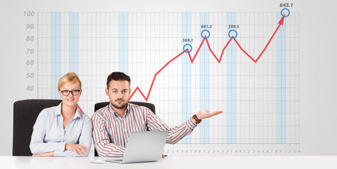 Businessman and businesswoman calculating stock market with risi