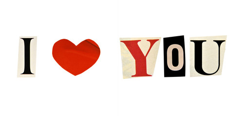 I Love You formed with magazine letters on a white background