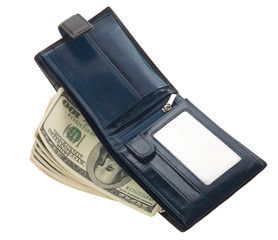 Open blue leather wallet with money