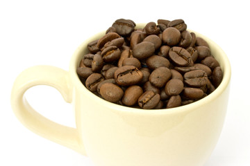 Coffee cup with coffee beans on white