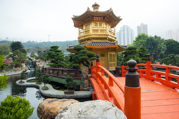 The Golden pavilion and red bridge in Nan Lian Garden, Hong Kong