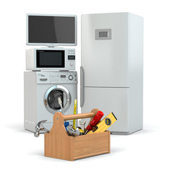 Appliance repair. Toolbox and tv, refrigerator, washing machine