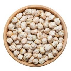 Chick peas in wooden bowl, isolated on white