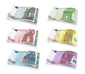 Collection of euro banknotes. Isolated over white