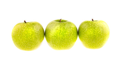 Three green apples isolated on white background.