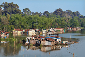 many house boat on river in thailand