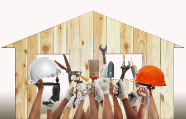home and hand rising diy tool equipment against wood house use f