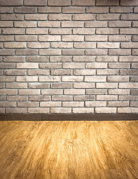 Empty interior perspective with grunge brick wall and wood parqu