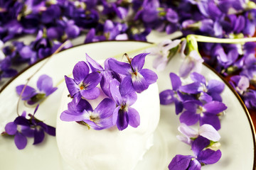 Fototapeta na wymiar Ice cream decorated violets flowers