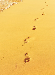 Footprint on sand with waves