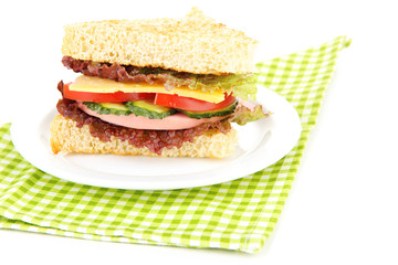 Fresh and tasty sandwich on plate isolated on white