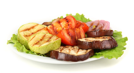 Delicious grilled vegetables on plate isolated on white
